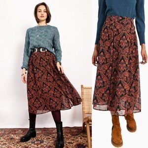NWT MOLLY BRACKEN Anna Paisley Sheer Comfy Elastic Modest Layers Fall Midi Skirt